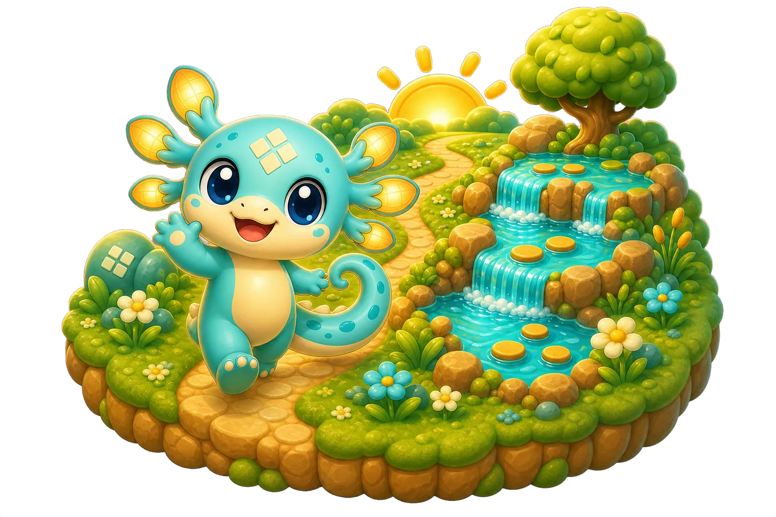 Lumi waves from a sunny path beside sparkling springs.